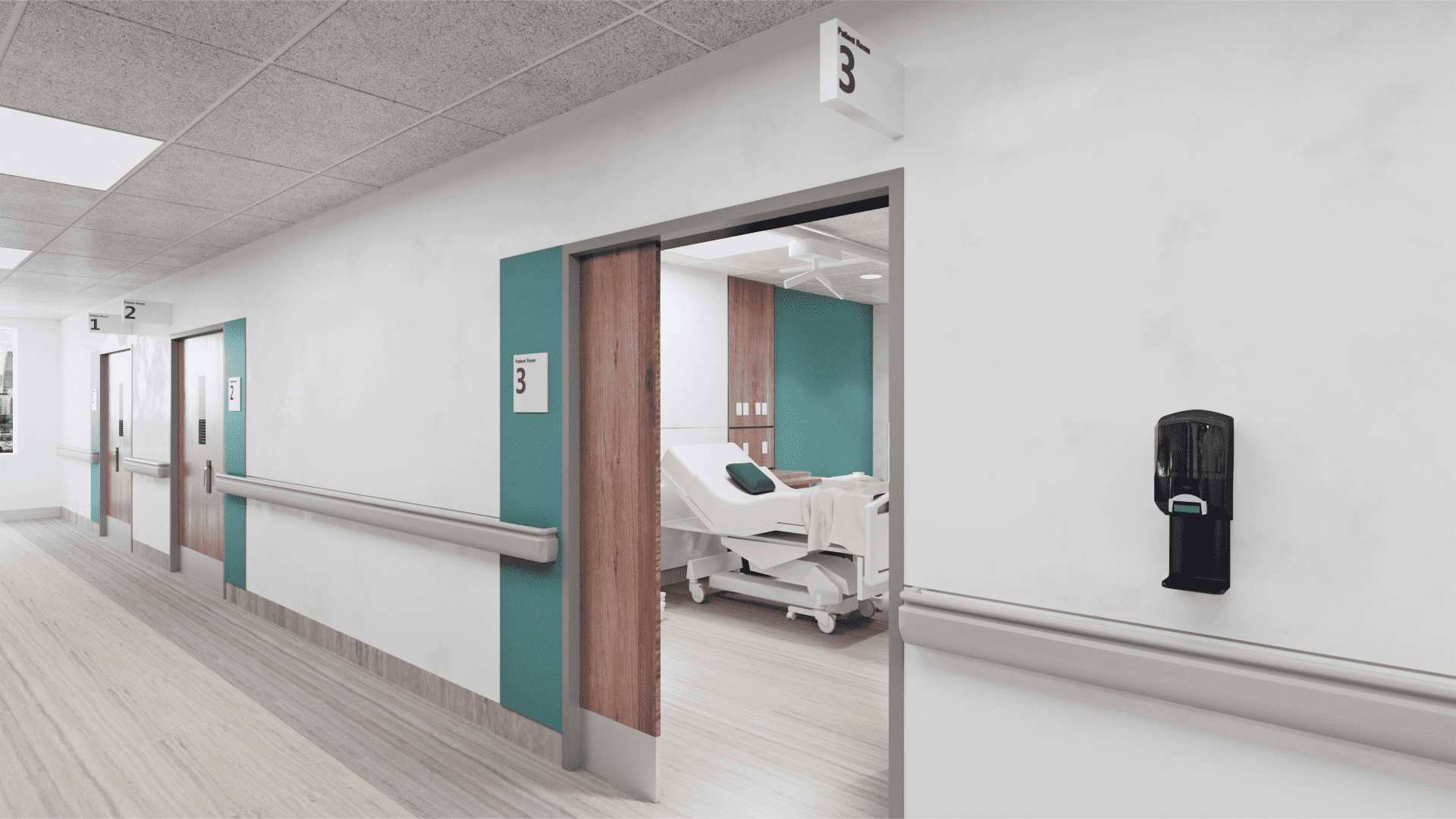 Image of Rendering of a patient room entrance in the new St. Paul's Hospital.