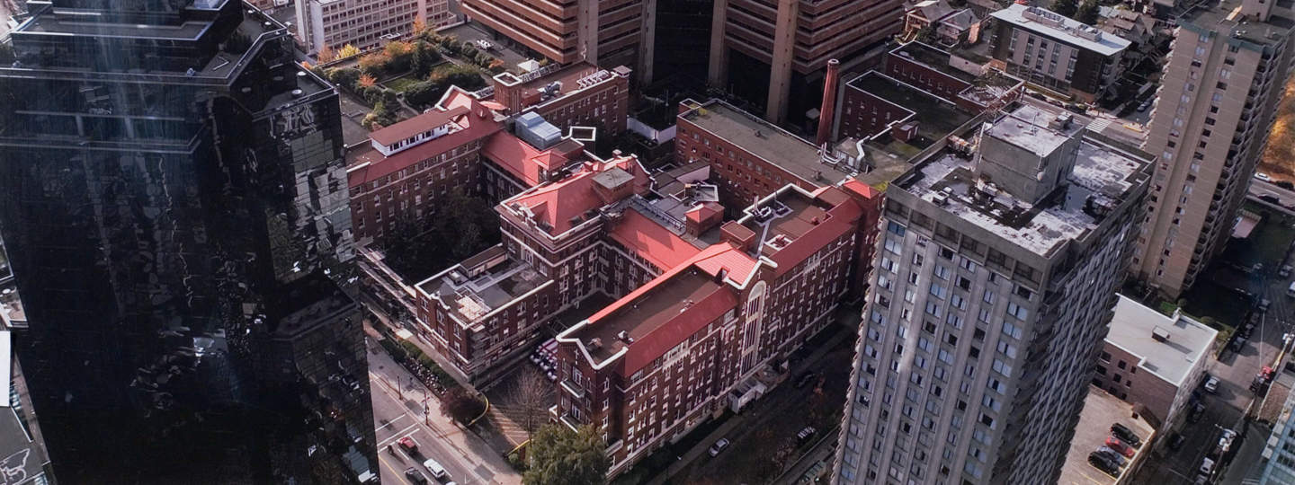 Aerial view of St. Paul's Hospital on Burrard Street.