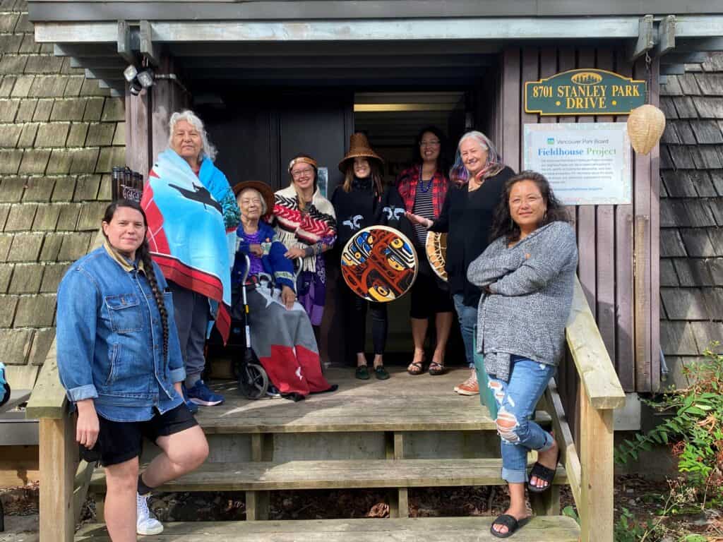Elders and Knowledge Keepers from xʷməθkwəy̓əm (Musqueam), Skwxwú7mesh (Squamish), and Səl̓ílwətaʔ/Selilwitulh (Tsleil-Waututh) Nations, who are leading a Medicine Walk for Indigenous women from DTES. This program is part of PHC IWR team's engagement to build relationship with members of this community and solicit feedback on health care services provided by PHC to improve Indigenous health care for patients. L-R: Knowledge Keeper Anne Riley Elder Mabel Nipshank Elder Barbara Wyss Knowledge Keeper Senaqwila Wyss Knowledge Keeper Mary Point Knowledge Keeper Audrey Siegl Knowledge Keeper Cease Wyss Knowledge Keeper Cheyenne Hood