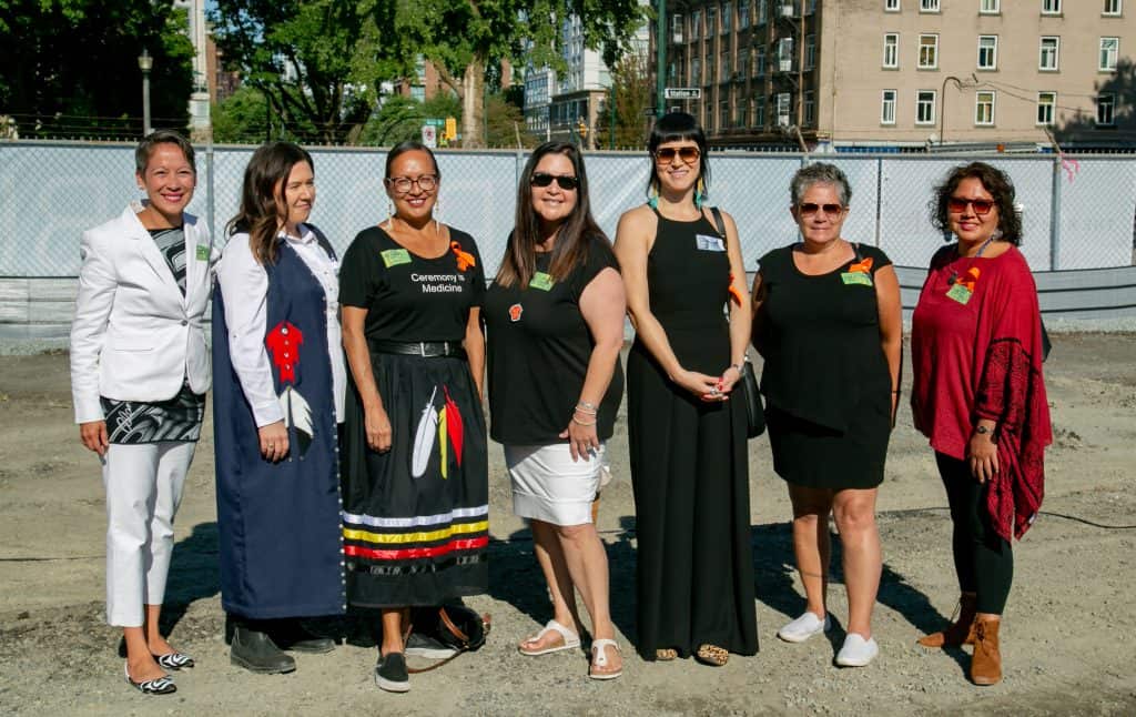 From left to right: Minister of Tourism, Arts, Culture and Sport Melanie Mark, Harmony Johnson VP, Indigenous Wellness and Reconciliation, Dr. Nel Wieman, Senior Medical Officer, FNHA, Kim Brooks, VP, Regional Operations, FNHA, Lindsay Farrell, Director, Indigenous Wellness, Reconciliation and Partnerships, Tsleil- Waututh Chief Jen Thomas and Charlene Aleck, elected Councillor for Tsleil-Waututh Nation.