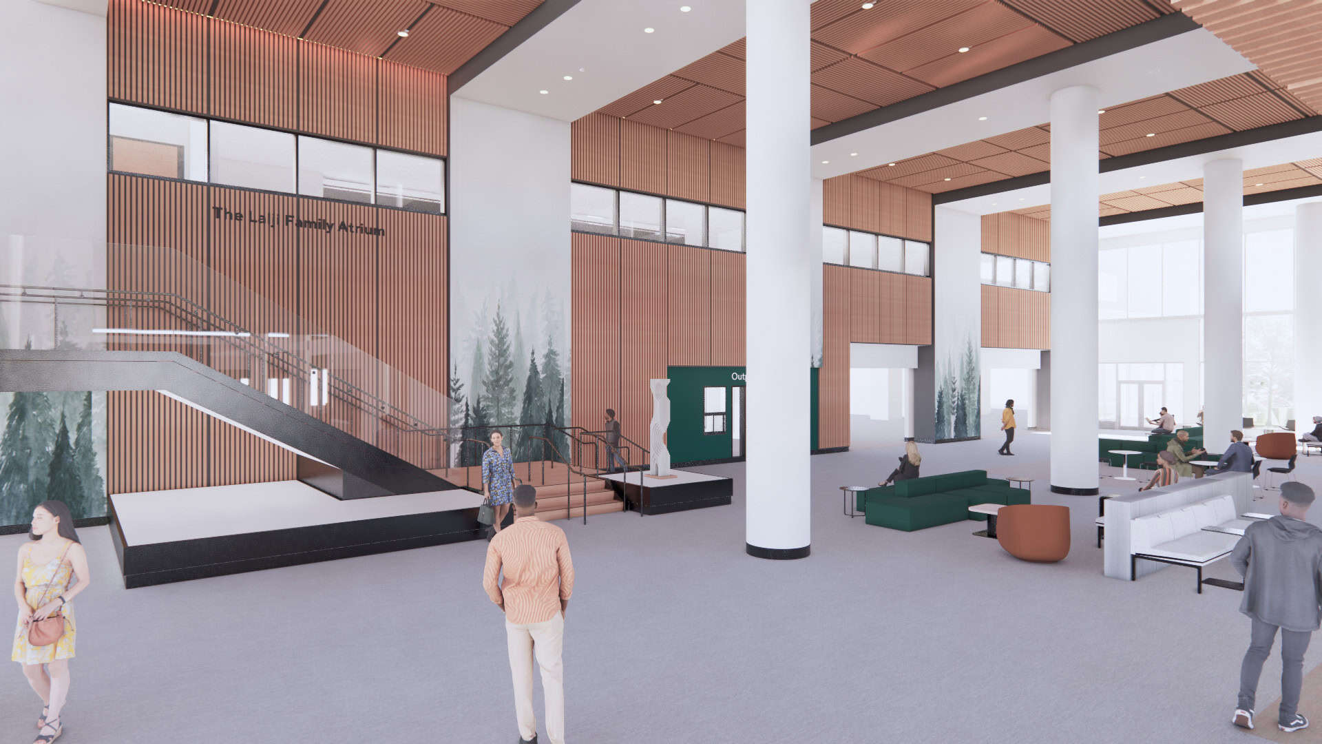 Rendering of the new St. Paul's Hospital level 1 atrium seating space featuring flow to ceiling windows and wood paneling.