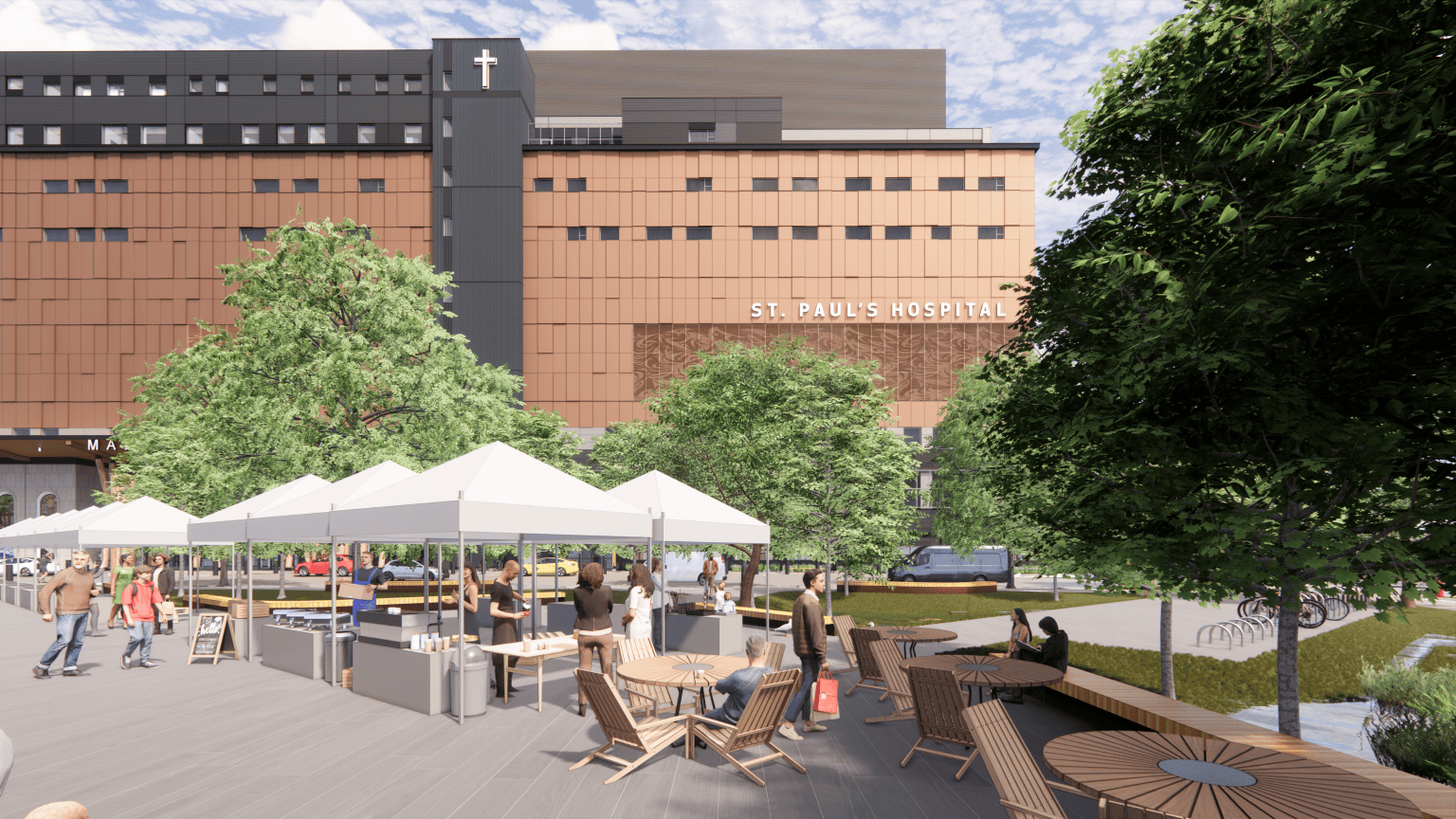 Rendering of the civic plaza market at the new St. Paul's Hospital campus.