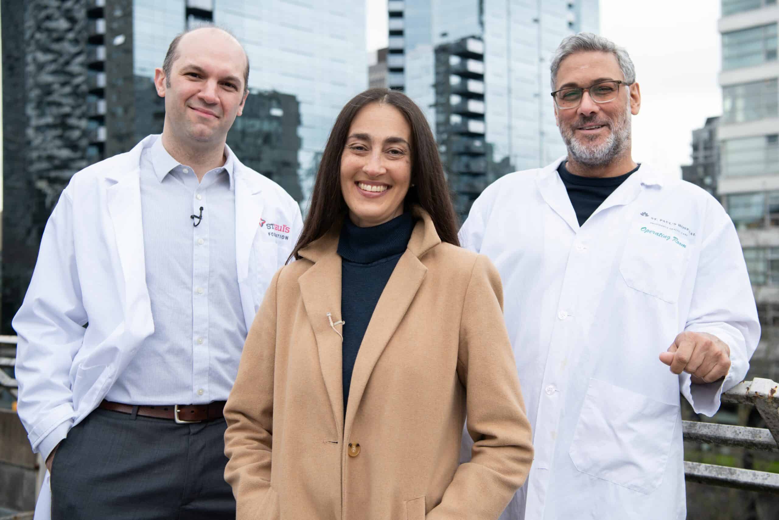 Dr. Scott Apperley, respirologist, St. Paul’s Hospital, Karam Roberts, grateful patient living with vasculitis, and Dr. Jamil Bashir, cardiac surgeon, St. Paul’s and the head of Vancouver Coastal Cardiac Surgery and the UBC Division of Cardiac Surgery.