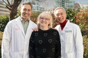 (L-R): Dr. Mustafa Toma, cardiologist, St. Paul’s Hospital, Christine, grateful patient and heart transplant survivor, and Dr. Anson Cheung, cardiothoracic surgeon, St. Paul’s.