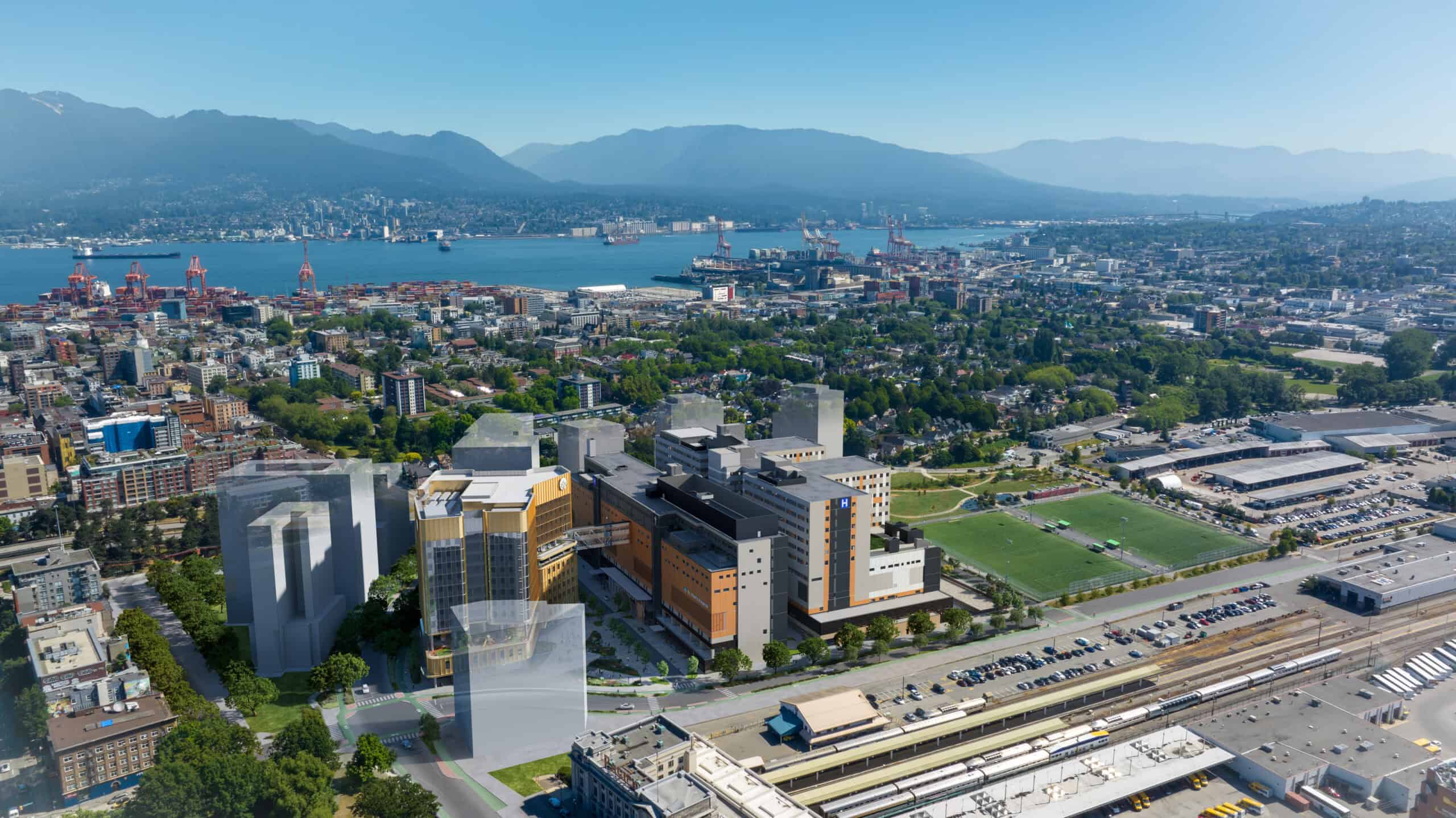 Birds-eye view rendering of the new St. Paul's Hospital and Clinical Support Research Centre on the Jim Pattison Medical Campus.