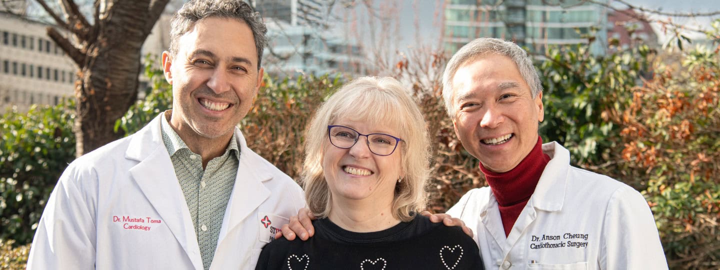 (L-R): Dr. Mustafa Toma, cardiologist, St. Paul’s Hospital, Christine, grateful patient and heart transplant survivor, and Dr. Anson Cheung, cardiothoracic surgeon, St. Paul’s.