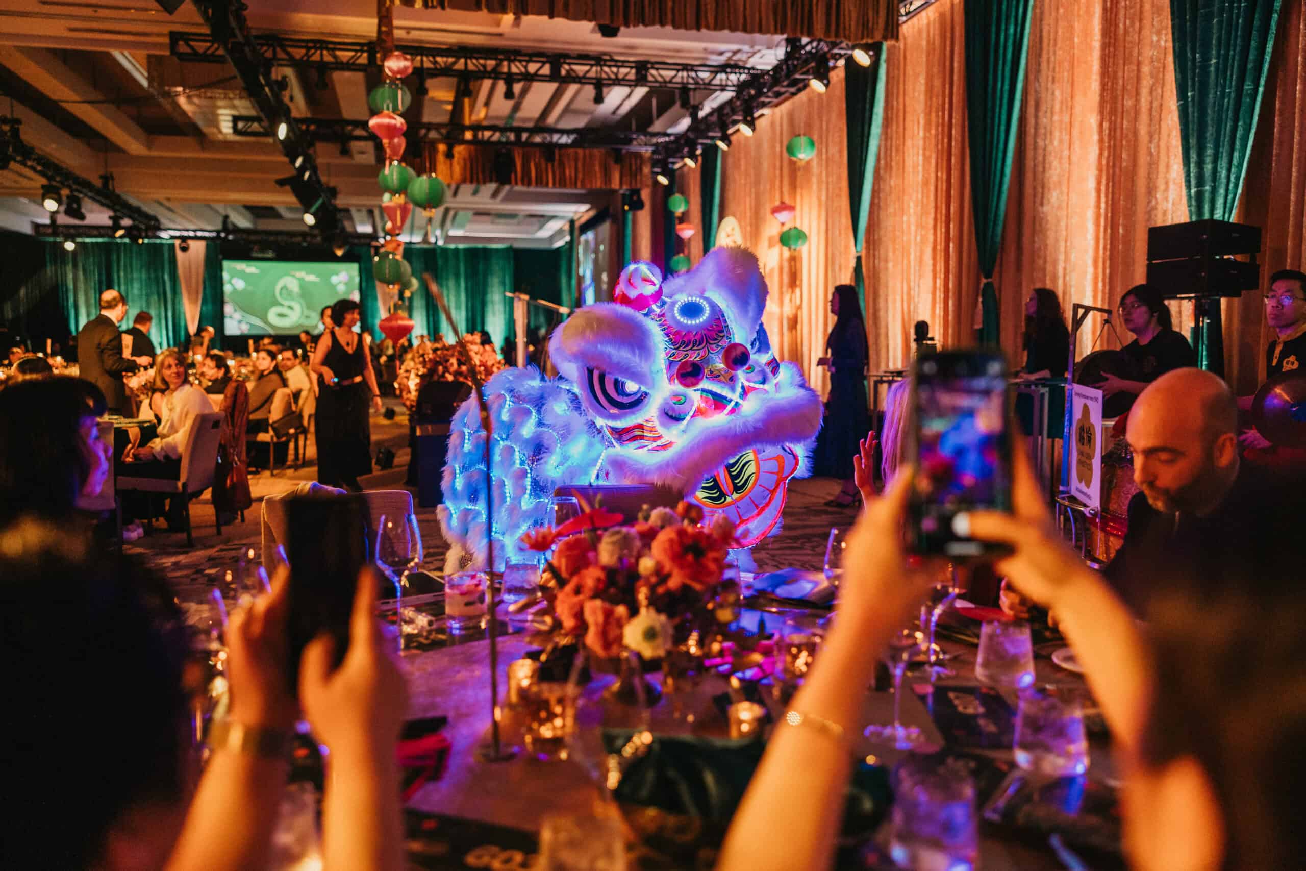 Photo of the Lion Dance by Chau Luen Athletics Club at the 2025 Scotiabank Feast of Fortune gala.