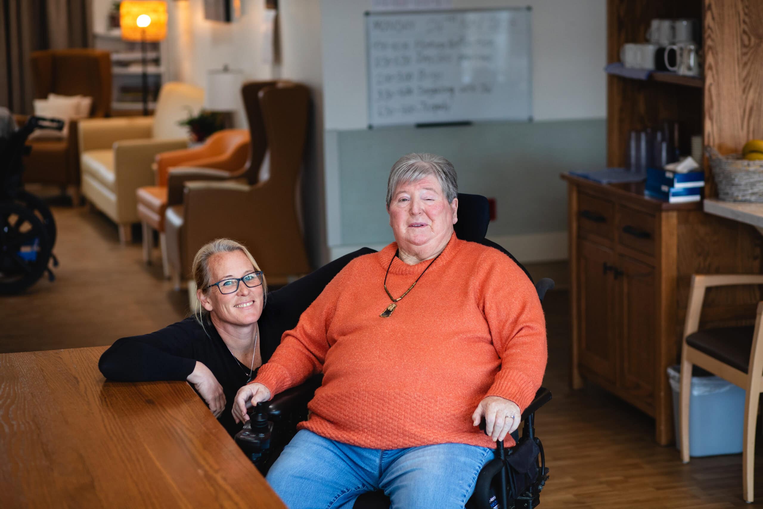 Resident, Jean, with her support worker, Shannon, at The Views in Comox, BC.