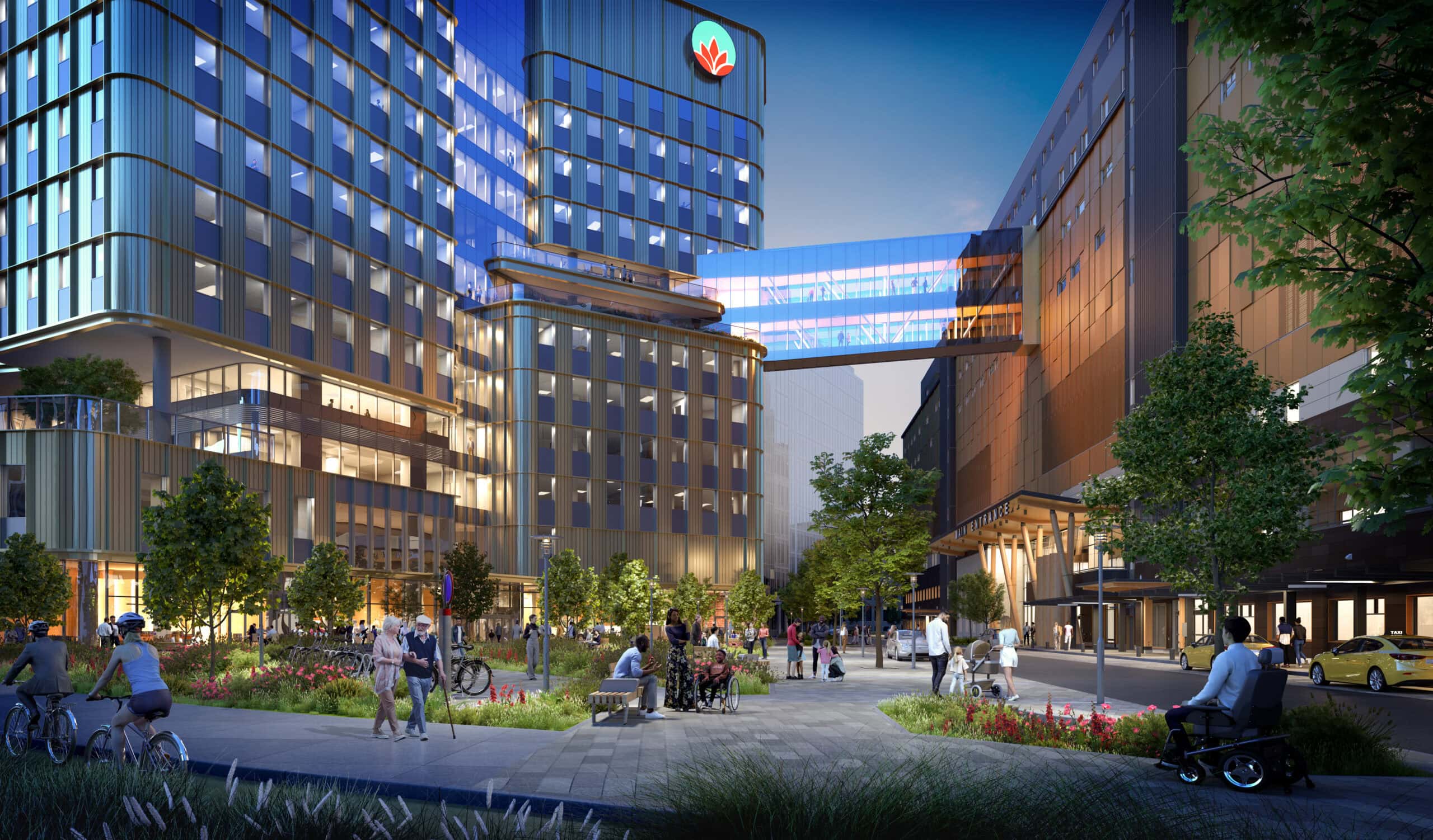A rendering of the new St. Paul's Hospital and adjoining research facility connected by a skybridge.
